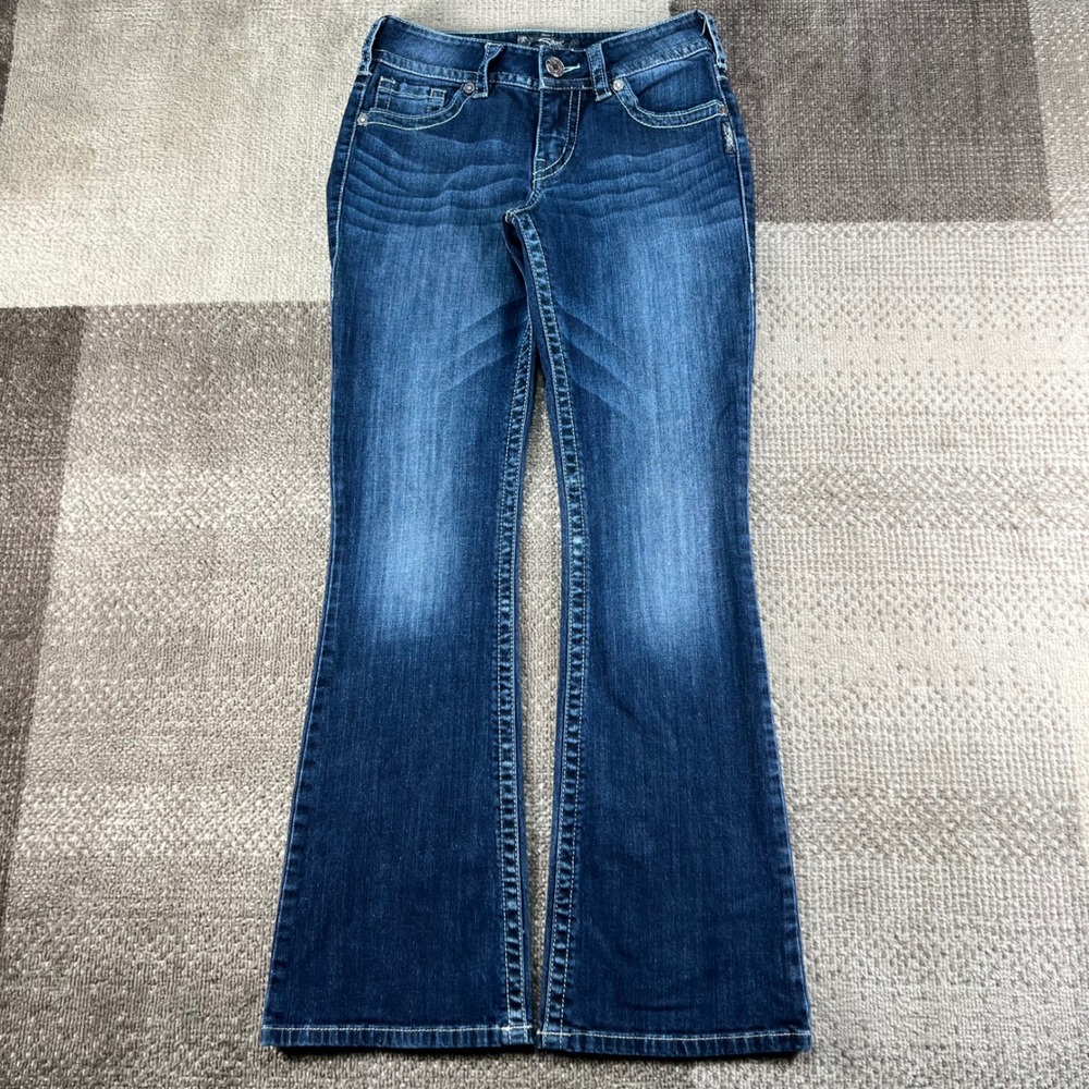 Silver Jeans Co Suki Mid Bootcut Dark Wash Denim Jeans 27X32 Whiskered Boho